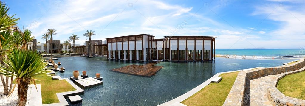 The panorama of restaurant and beach at luxury hotel, Crete, Gre