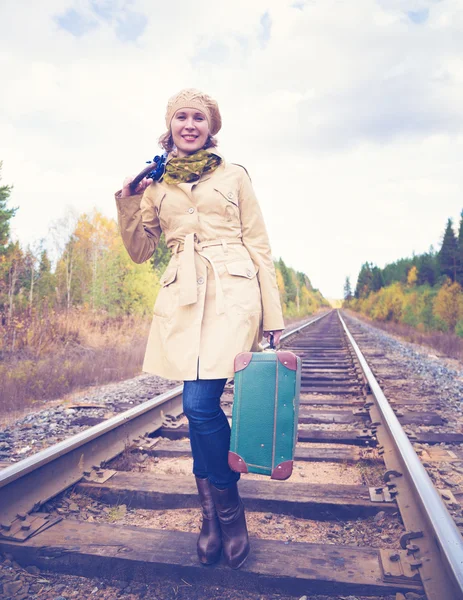 Elegant woman with a suitcase traveling by rail. — Stock Photo, Image