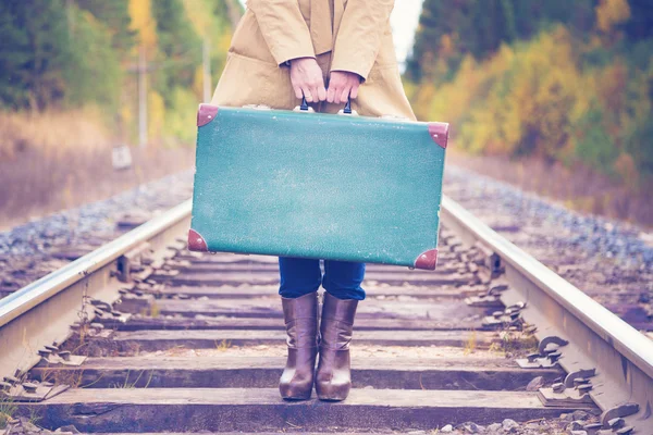 Elegant woman with a suitcase traveling by rail. — Stock Photo, Image