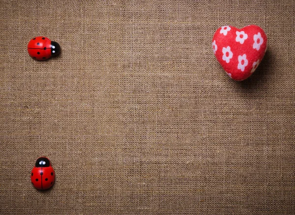 Corazón y mariquita en la tela . — Foto de Stock