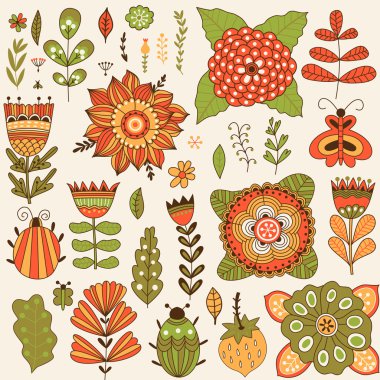 Yaprakları, otlar, böcekler, kelebekler ve çiçekler ile Grafik toplama