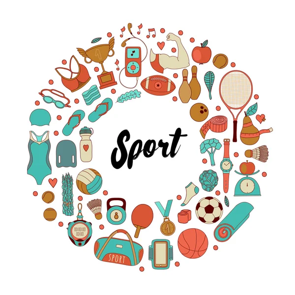 Elementi fitness e sportivi in stile doodle — Vettoriale Stock