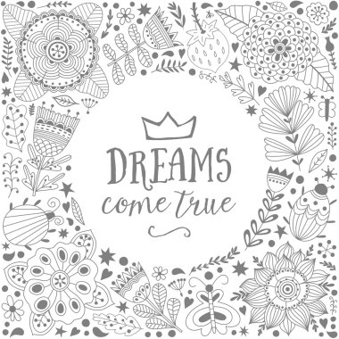 Çiçekler ve otlar oluşan çelenk illüstrasyon.