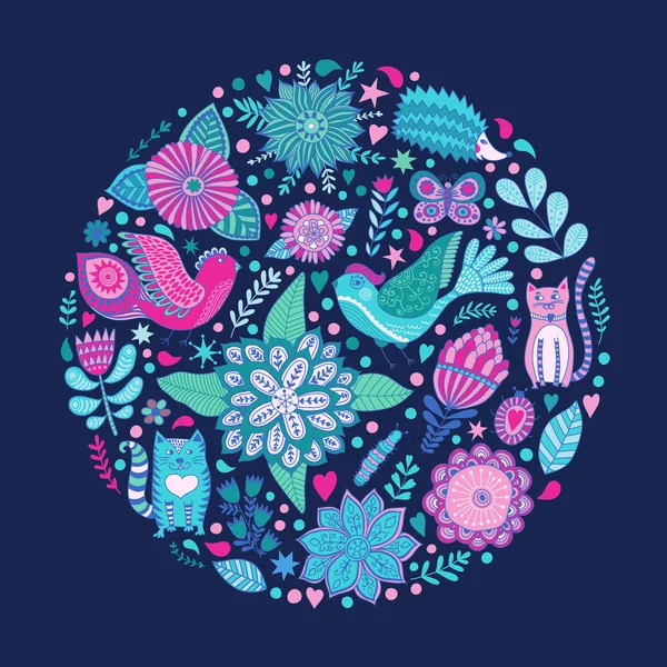 Floral cirkel met doodles bloemen. — Stockvector