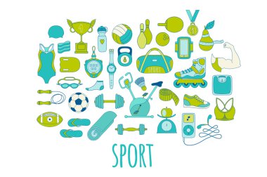 Elle çizilmiş vektör fitness ve spor Icons set doodle