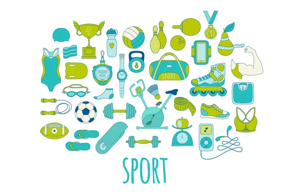Set di icone di scarabocchi sportivi e fitness vettoriale disegnate a mano — Vettoriale Stock