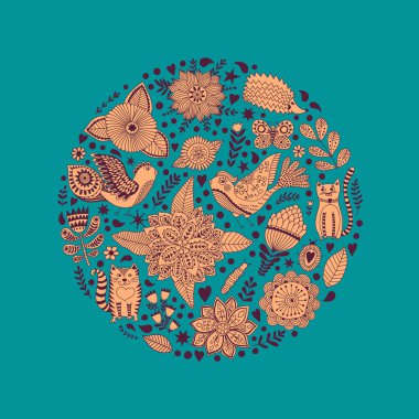 Doodle öğeleri illüstrasyon yapılmış çiçekler ve otlar