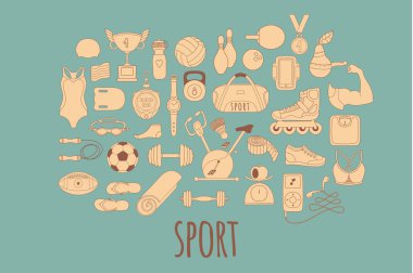 Elle çizilmiş vektör fitness ve spor Icons set doodle