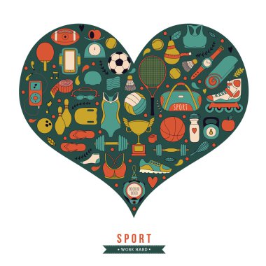 Sağlıklı yaşam tarzı arka plan, spor, elle çizilmiş doodle kümesi seviyorum