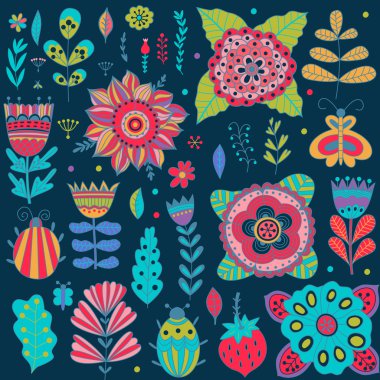 Yaprakları, otlar, böcekler, kelebekler ve öğeleri çizim çiçek, grafik toplama.