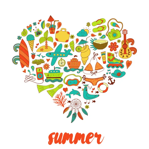 Diseño de corazón de verano hecho de elementos de la temporada de garabatos — Archivo Imágenes Vectoriales