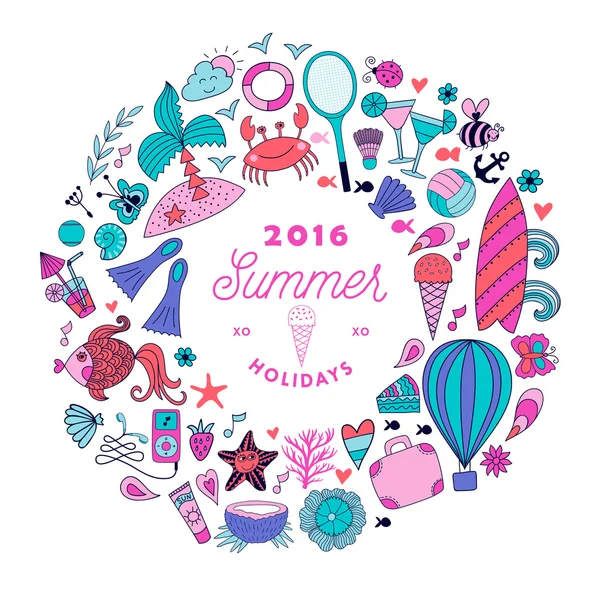 Καλοκαίρι doodles σχεδιασμού, ταξίδια διακοπές εικονογράφηση σε σχήμα στεφάνι — Διανυσματικό Αρχείο