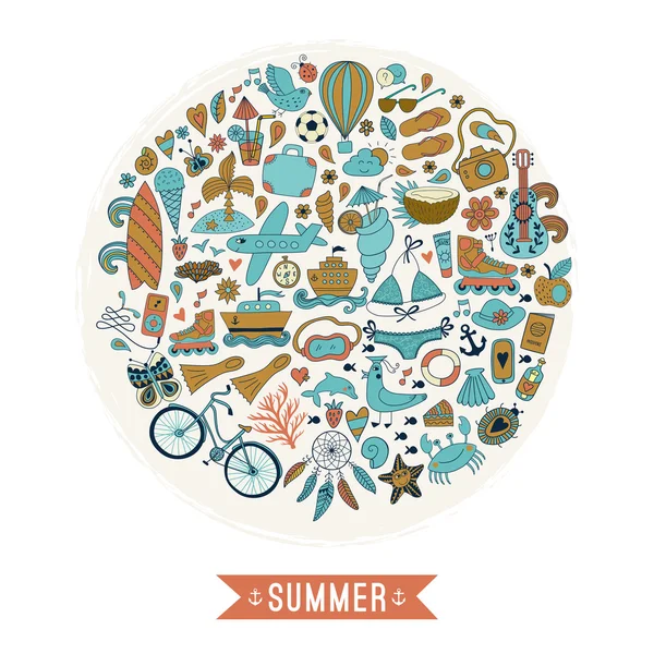 Sommerherz-Design aus Doodle-Ikonen der Saison — Stockvektor