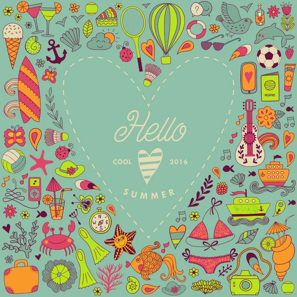 Verano playa mano dibujado vector viaje vacaciones doodle elementos — Vector de stock