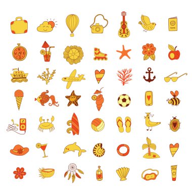 vektör simgeler ve nesneleri yaz plaj el çekilmiş