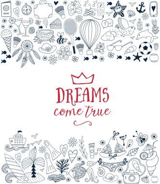 Doodles'ın tasarım yaz, tatil illüstrasyon, okyanus ve plaj kavramı seyahat