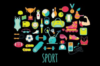 Elle çizilmiş vektör fitness ve spor Icons set doodle