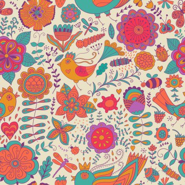 Renkli kesintisiz botanik doku, detaylı çiçek çizimler