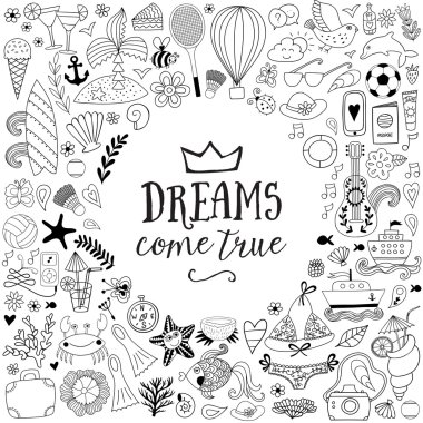 Tasarım yaz doodles, çelenk şekli çizimde tatil seyahat