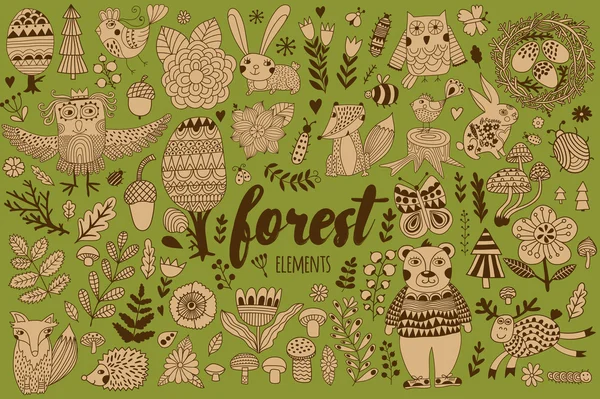 Elementos da floresta vetorial em estilo doodle infantil —  Vetores de Stock