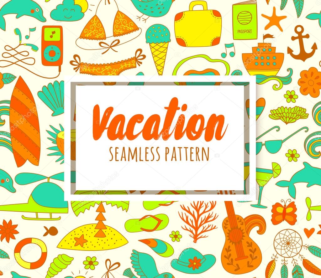 Summer vacation set doodle elements, seamless pattern