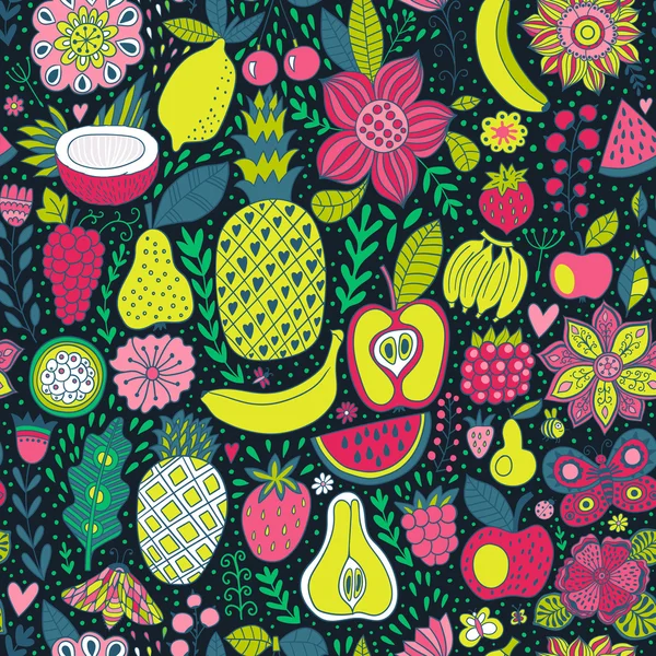 Fruit doodles seamless vector pattern. Hand drawn summer backdrop — Stock Vector