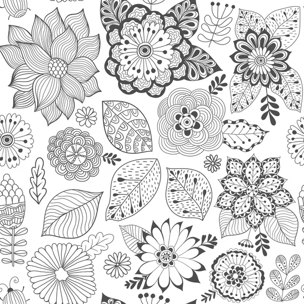 Patrón de flor vectorial. Textura botánica inconsútil colorida, ilustraciones detalladas de las flores. Todos los elementos no se recortan y se ocultan bajo la máscara. Estilo Doodle, fondo floral de primavera . — Archivo Imágenes Vectoriales