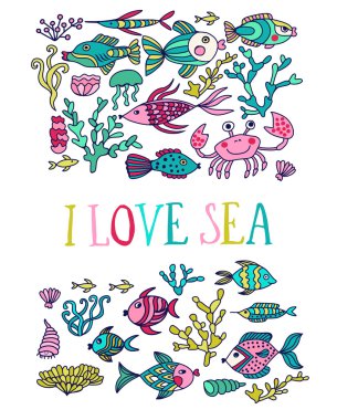 deniz ile canlı, vektör set set çizgi film.