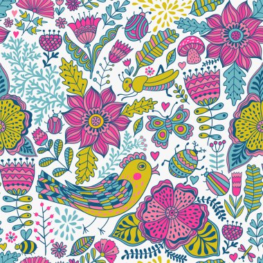 çiçekler, kuşlar ve kelebekler ile sorunsuz doku.