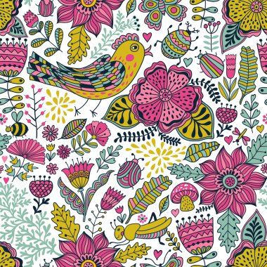 çiçekler, kuşlar ve kelebekler ile sorunsuz doku.