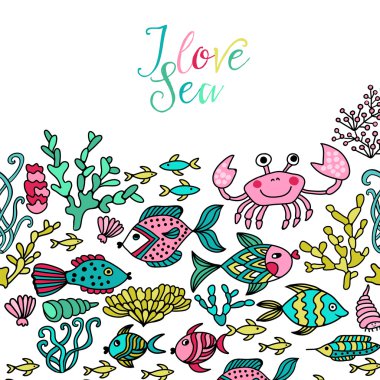 deniz ile canlı, vektör set set çizgi film.