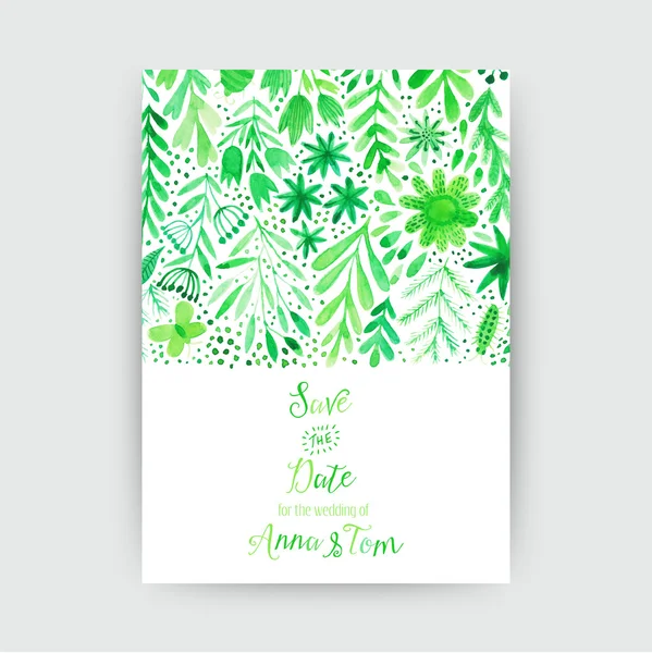 Tarjeta de invitación de acuarela vectorial con flores y plantas . — Vector de stock