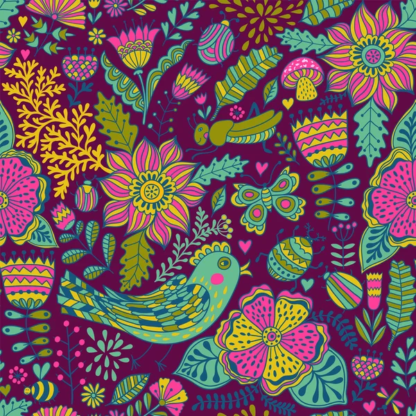 Nahtlose Textur mit Blumen, Vögeln und Schmetterlingen. — Stockvektor