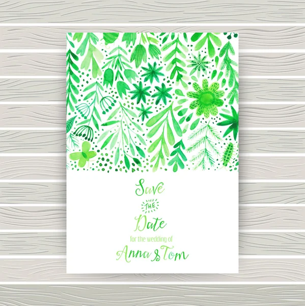 Tarjeta de invitación de acuarela vectorial con flores y plantas . — Vector de stock