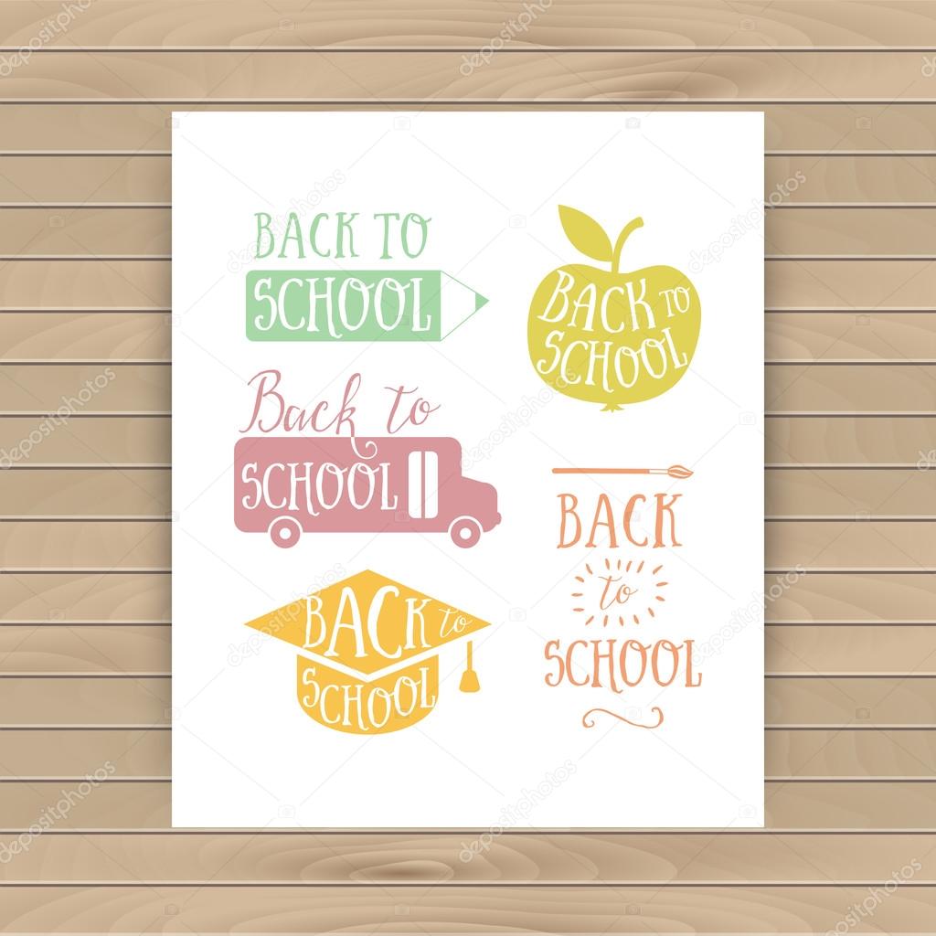 Back to school colorful doodle lettering signs: bus, apple, pencil. Back to school logo. Greeting card. School cartoon hand lettering