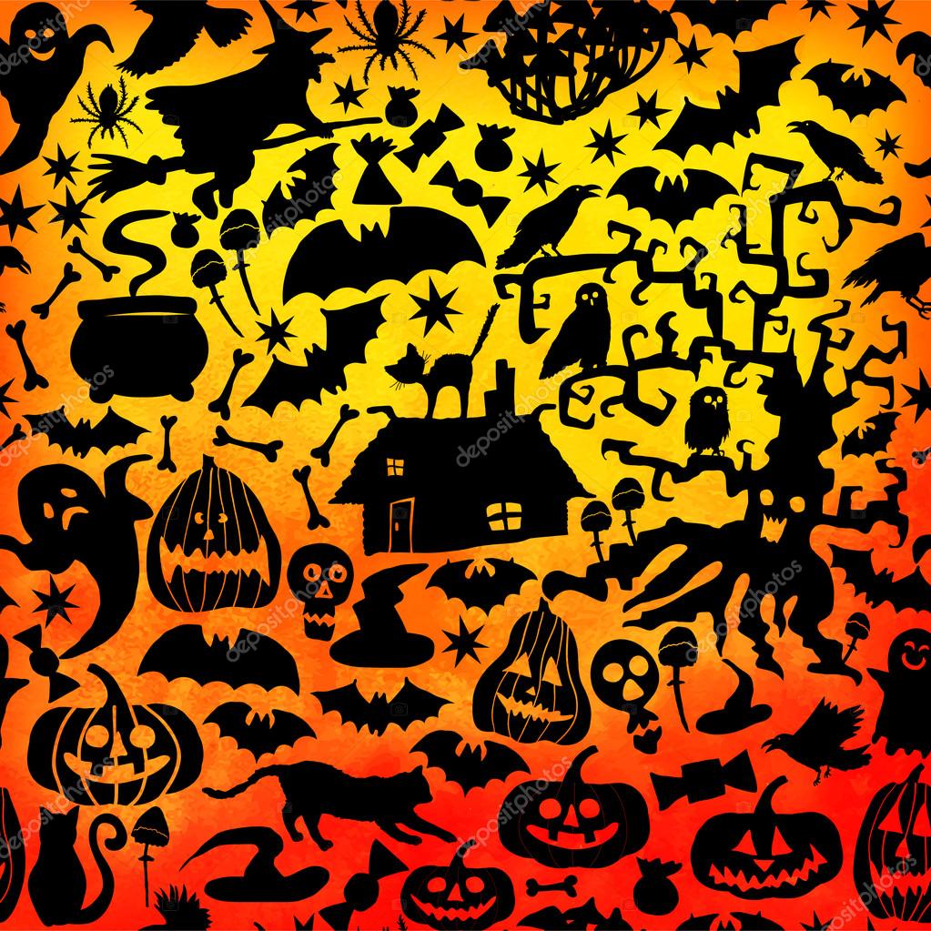 Vector Happy Halloween seamless pattern,classic bundle icons, doodles element for Halloween design. Set of Halloween silhouettes. (only layer with icons is seamless)