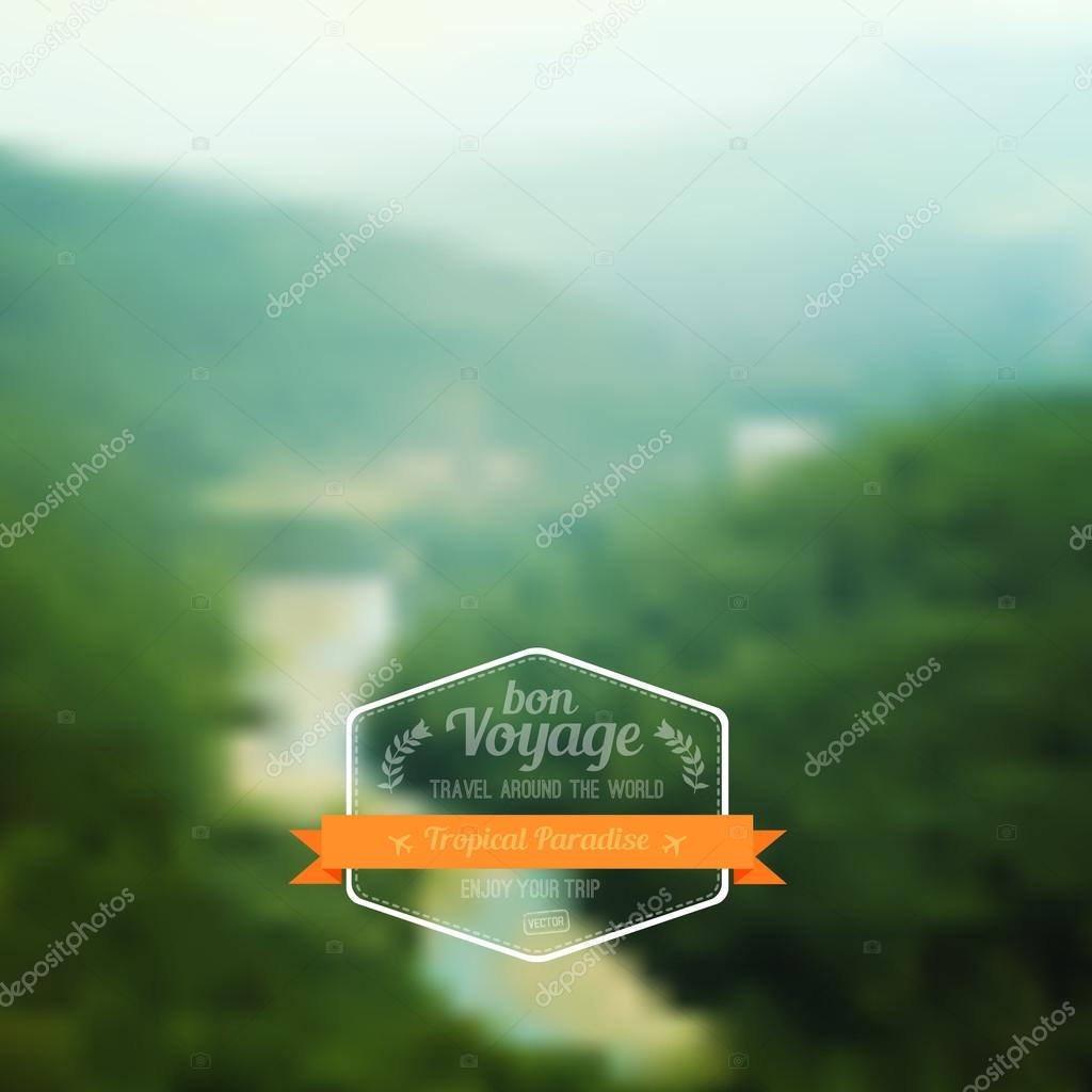 Vector blurred landscape, travel badge, voyage label, nature vie
