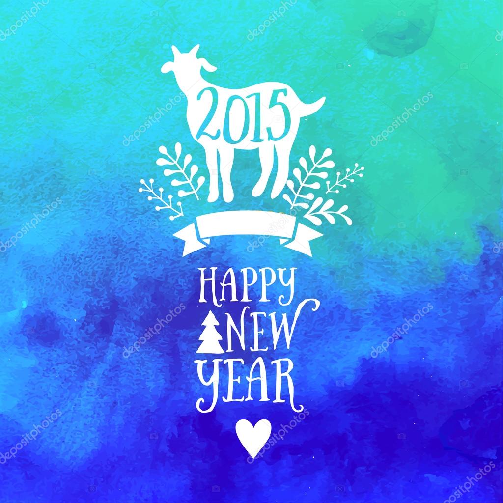 Vector goat emblem. Watercolor background. Symbol of the 2015 year, greeting card with goat. Vector watercolor backdrop. Greeting card 2015. Happy New Year 2015.