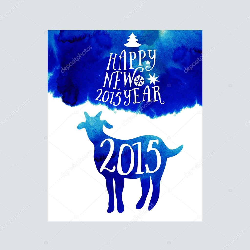 Symbol of the 2015 year, greeting card with goat. Vector watercolor background. Greeting card 2015. Happy New Year 2015