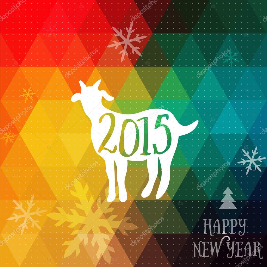 Happy New Year and Merry Christmas design, geometric backdrop. typography composition with lettering. Goat silhouette 2015