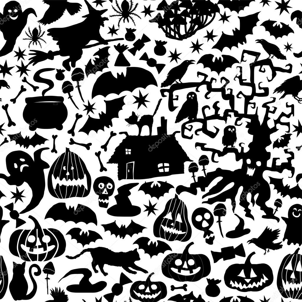 Vector Happy Halloween seamless pattern,classic bundle icons, doodles element for Halloween design. Set of Halloween silhouettes