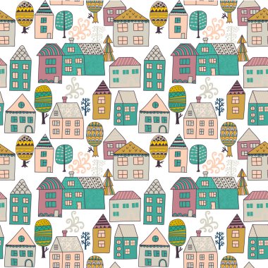 Küçük evleri ve ağaçları ile desen