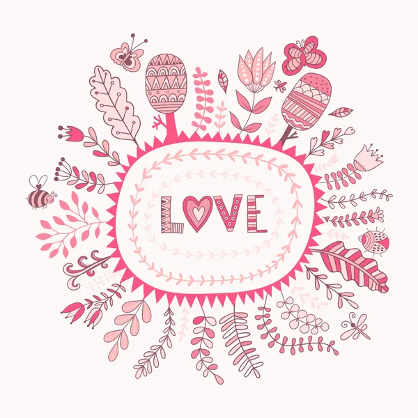 Floral frame and love lettering — Stock Vector