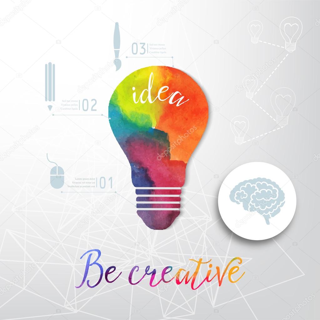 Light bulb made of watercolor, lightbulb and creative icons, watercolor creative concept. Vector concept - creativity and idea. Lettering. quote. Creative light bulb
