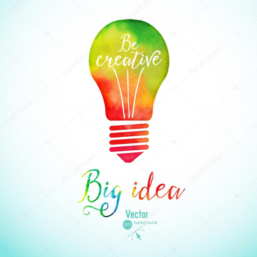 Light bulb made of watercolor, lightbulb and creative icons, watercolor creative concept. Vector concept - creativity and idea. Lettering. quote. Creative light bulb, Big idea, Creative Research