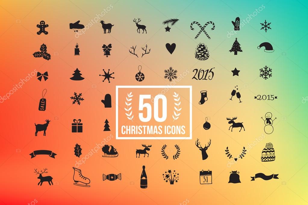 Vector christmas icon set, winter silhouette with colorful background  50 icons