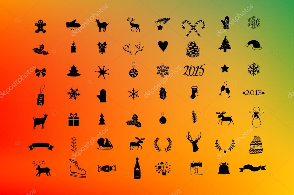 Vector christmas icon set, winter silhouette with colorful background  50 icons