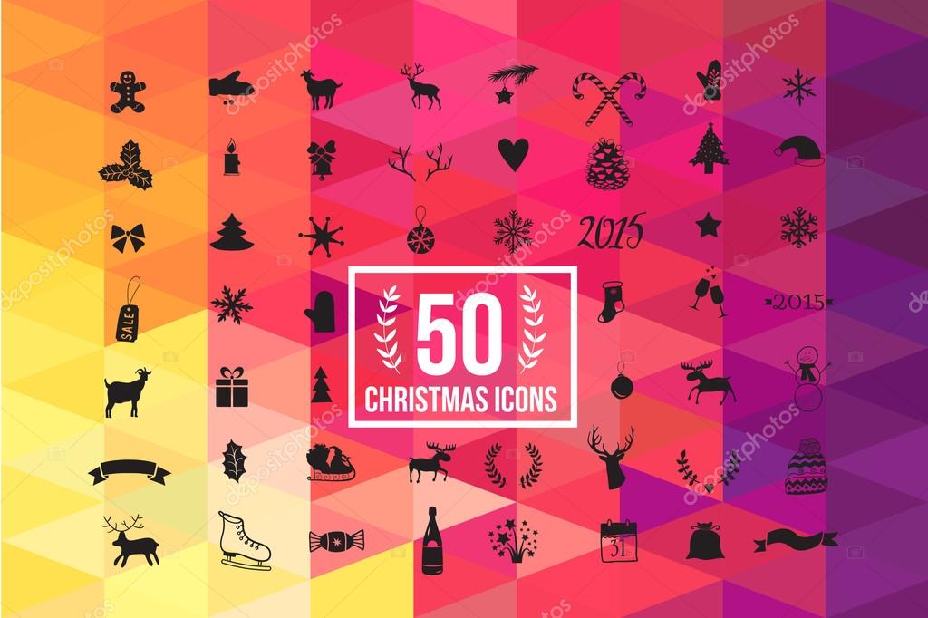 Vector christmas icon set, winter silhouette with colorful background  50 icons