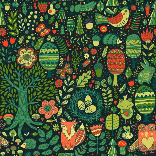 Motif floral sans couture avec des animaux de la forêt — Image vectorielle