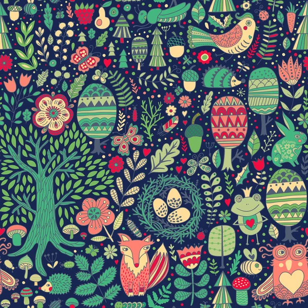 Motif floral sans couture avec des animaux de la forêt — Image vectorielle